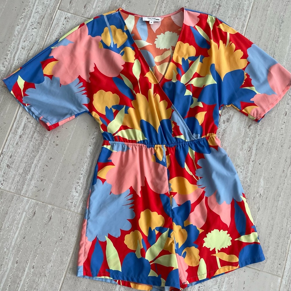 Peter Som Collective Floral V-Neck Romper Size 8 Recycled Polyester Short Sleeve
